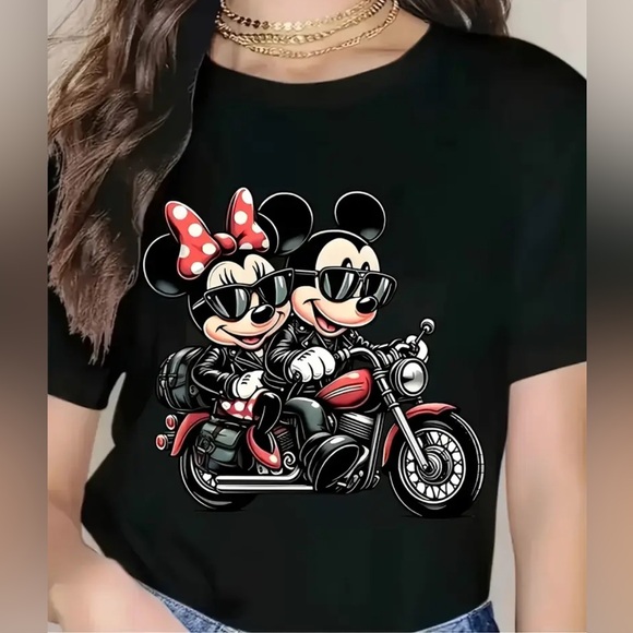 NWT Mickey and Minnie on a motorcycle ride black tee shirt top - Picture 1 of 9
